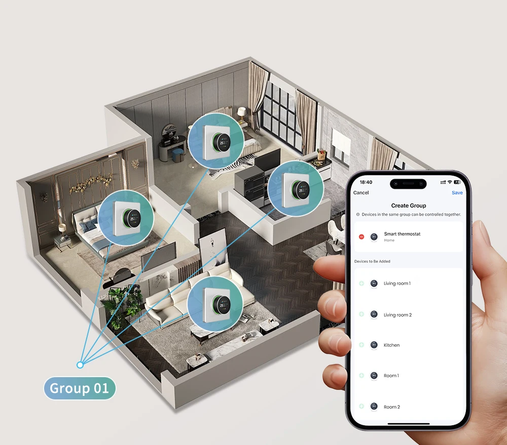 Smart Knob Thermostat, Multiple Scene Displays, Weekly Programming Mode, Work wi