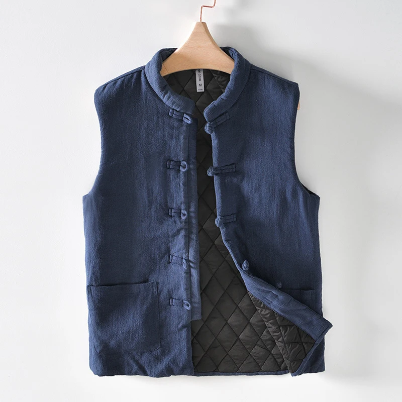 

Vintage Chinese Style Round Buckle Waistcoat Men Winter New Solid Color Thick Multi-pocket Waistcoat Casual Cardigan Warm Vest