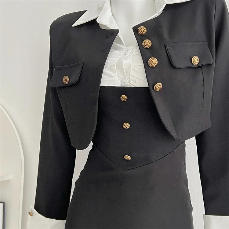 Y2K 3-piece Set Women Crop Coat Blazer White Shirt Halter Sleeveless Bodycon Midi Dress Autumn New Female Korean Chic Outfits