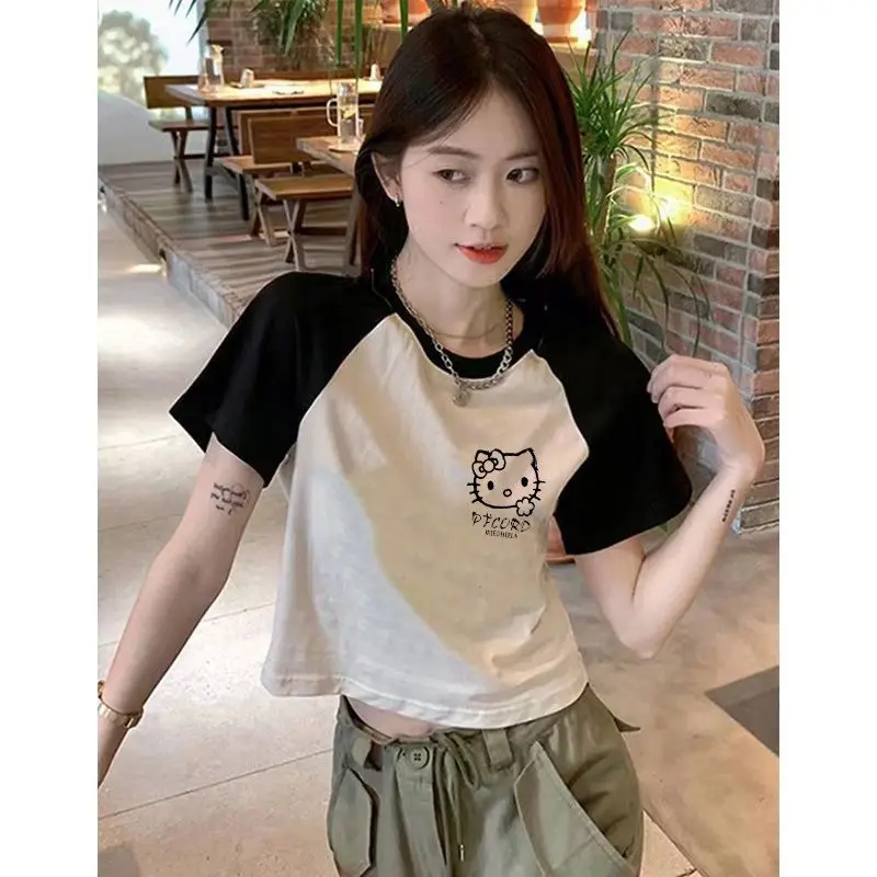 

Sanrio Hello Kitty Pure Cotton Shoulders Short Sleeves T-Shirt Women's Clothing Summer The New Considerate Short Style Jacket