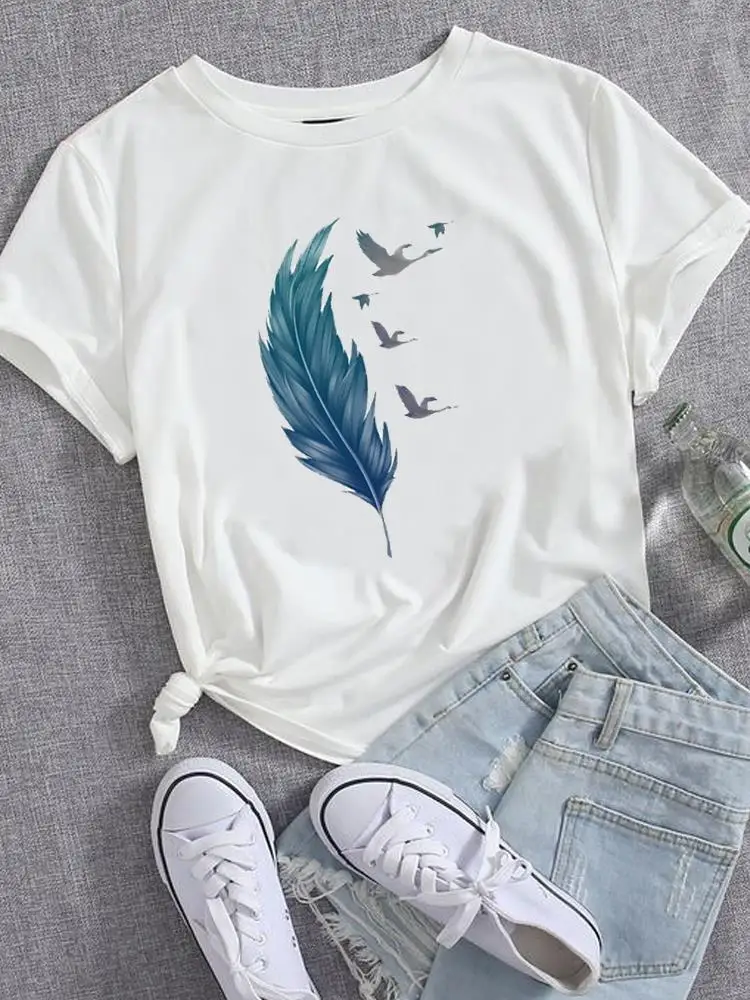 

Feather Watercolor Sweet 90s T Shirt Clothing Female Fashion Tee Short Sleeve Printed Women Top Casual Clothes Graphic T-shirts