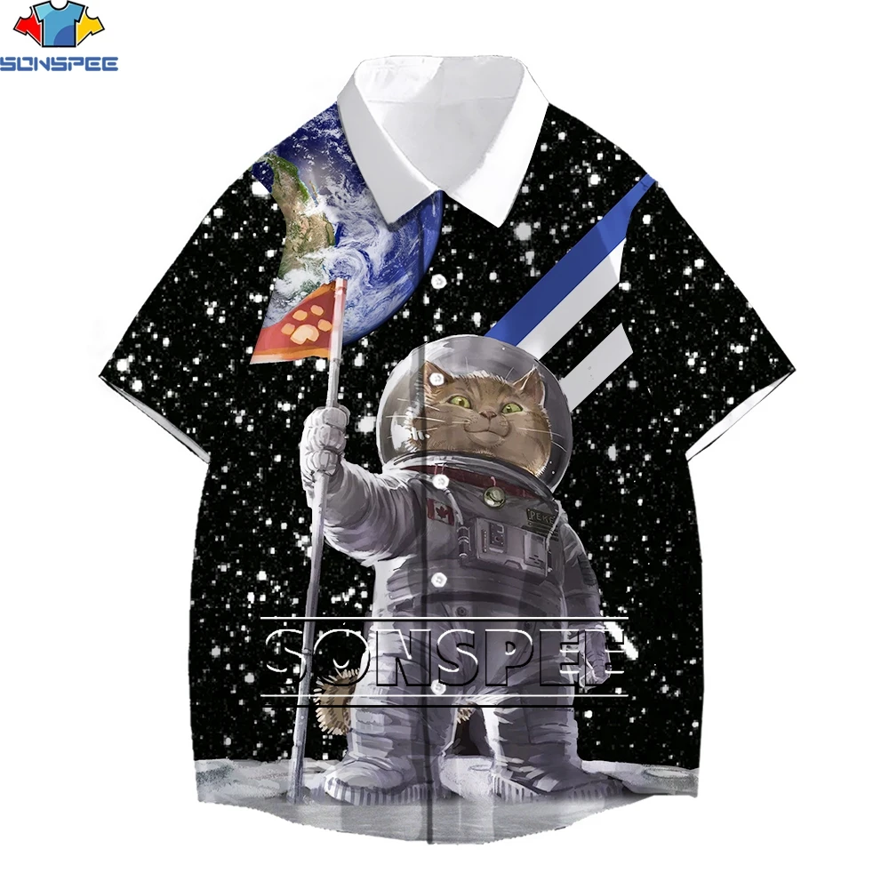 SONSPEE Cat Astronaut Lunar Landing 3D Print Hip Hop Hawaiian Shirt Funny Men Women Shirt Space Galaxy Short Sleeve Blousers landing page