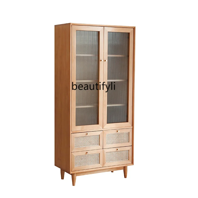 

Solid Wood Bookcase Simple Study with Glass Door Rattan Bookshelf Combination Storage Display Cabinet furniture