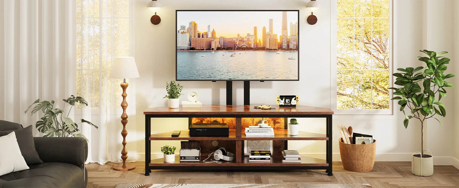 TV stand with open shelving displaying a large flat-screen TV showing a cityscape. Wood and metal construction with multiple storage compartments for electronics and decor items.