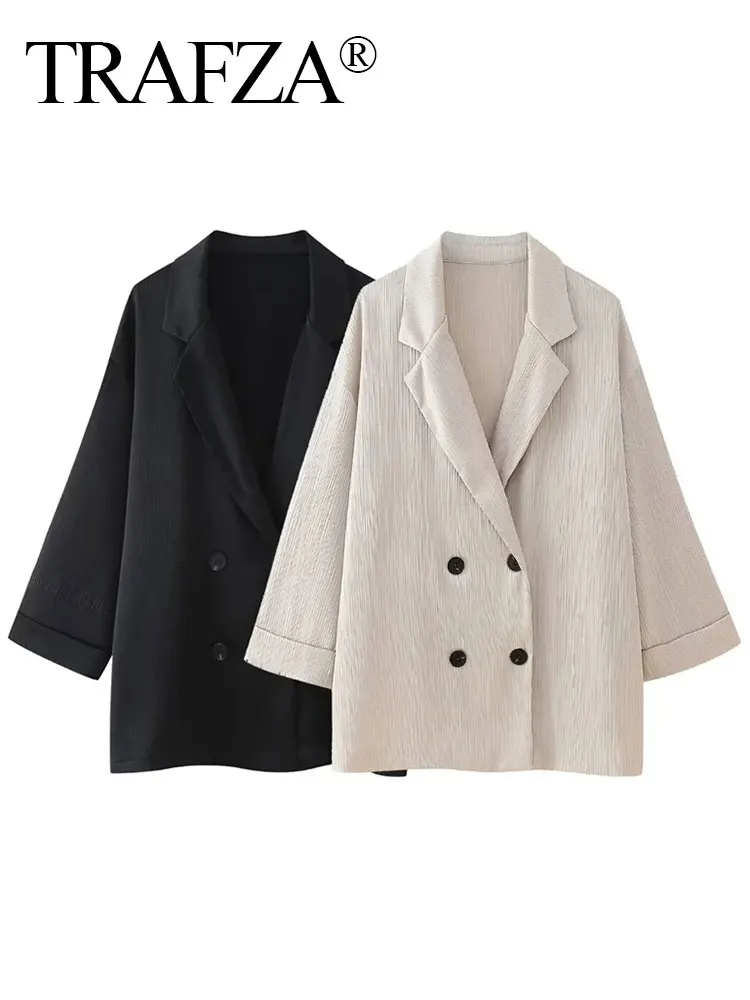 HH Women Wrinkle Effect Solid Jacket Double Breasted Long Sleeve Blazer Loose Casual Female Fashion Streetwear Coat Y2K