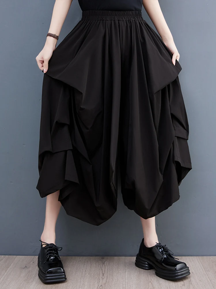 2025 Spring Summer Black Vintage High Elastic Waist Draped Wide Leg Pants Women Loose Casual Pocket Fashion Ladies Trousers