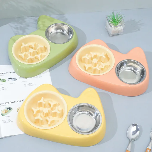 2-in-1 Pet Slow Feeder Bowl with Double Stainless Steel Bowls - Anti-Choking Food & Water Bowl for Dogs/Cats,