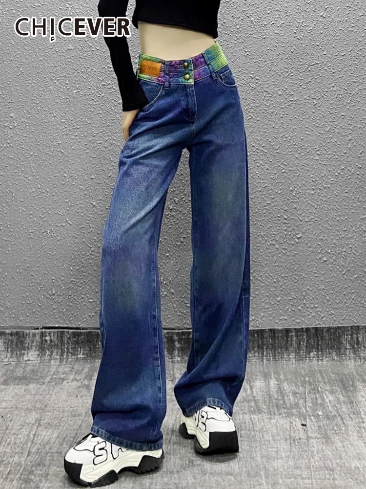 

CHICEVER Casual Colorblock Denim Pants For Women High Waist Patchwork Pockets Minimalist Loose Straight Trousers Female 2023 New