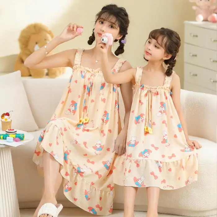 

Sanrios My Melody Kuromi Kids Pajamas Bubble Crepe Cotton Parent-Child Wear Nightdress Suspenders Girls One-Piece Dress Homewear