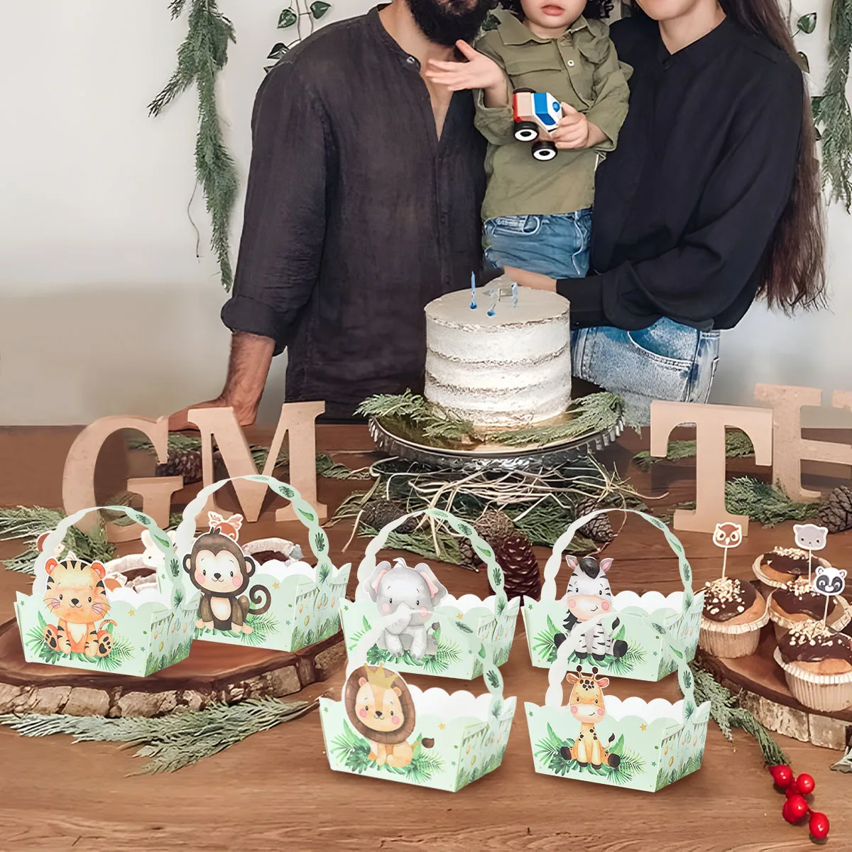 정글 사파리 동물 선물 가방 핸드백, 어린이 생일 종이 가방 장식, 숲 테마 파티, 베이비 샤워 포장 용품, 6 개