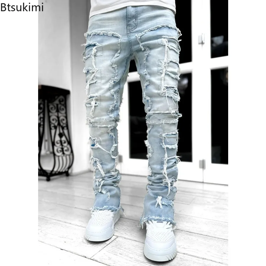 2023 Fashion Hollow Out Ripped Men's Jeans Streetwear Y2K Style Patchwork Design Straight Denim Trousers for Men Stretch Jeans