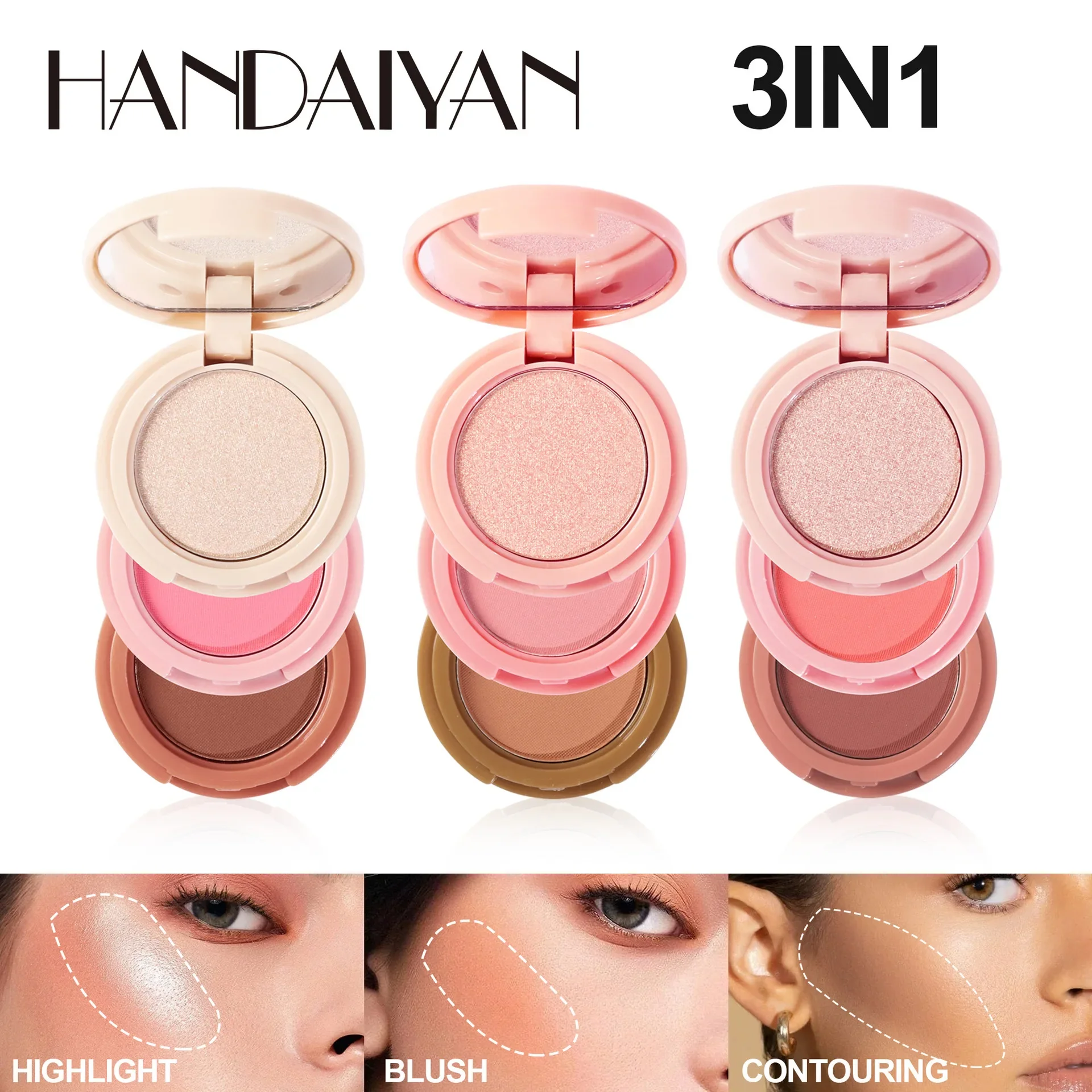 

HANDAIYAN Eye Shadow High Gloss Powder Blusher Facelift Plate Moonstone Glitter Powder Face Nose Shadow Three in One