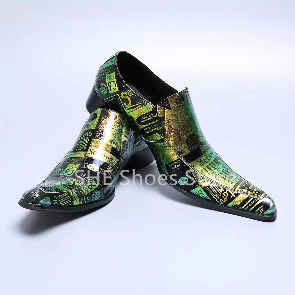 Mixed Color Print Shallow Slip-On Loafers for Men Irregular Pointed Toe Low Heel Oxfords Male Party Dress Genuine Leather Shoes