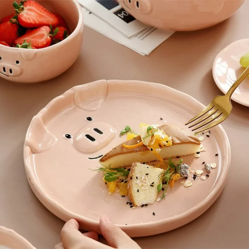 European Creative Cute Pink Pig Tableware Dishes Home Ceramic Plate Breakfast Nordic Wind Irregular Matte Plate Kitchen Utensils dining dish