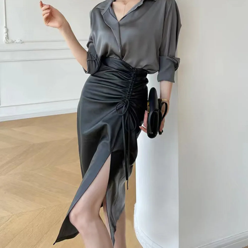 Europe Style Autumn Fashion Women's Designer High Quality Sheepskin Genuine Leather Pencil Skirt C320