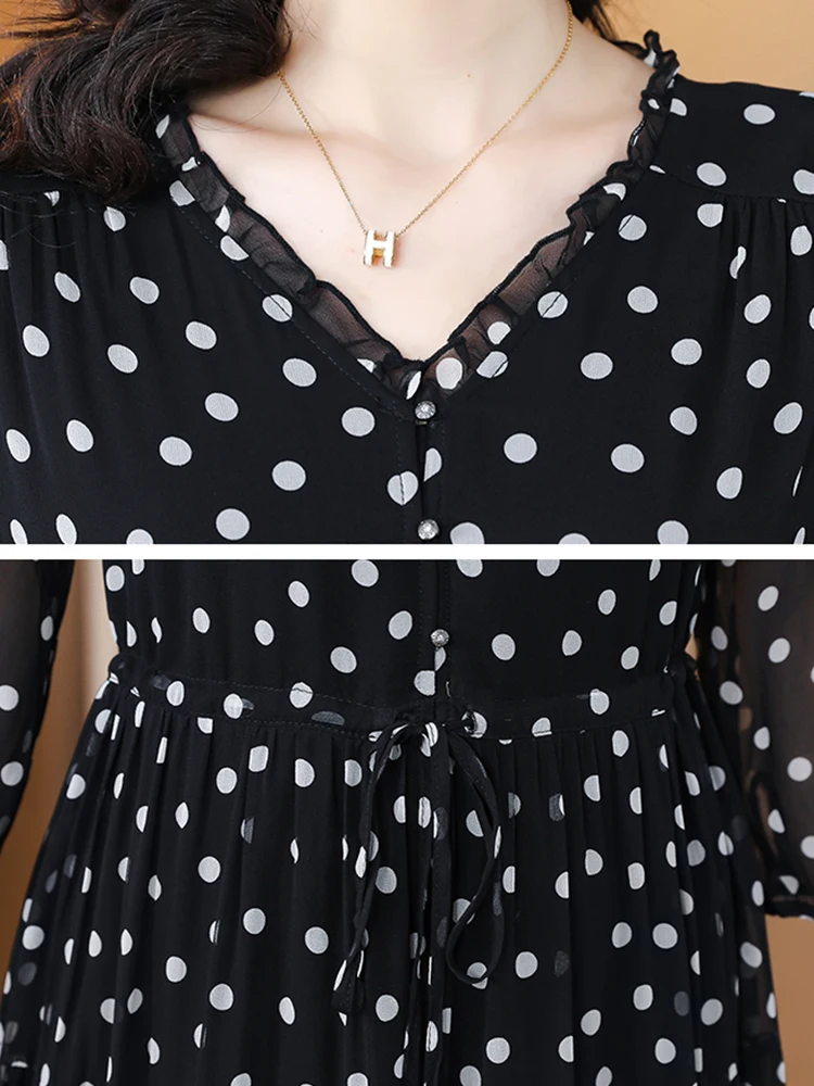 Summer Black Print Polka Dot Silk Midi Dress Women Elegant Bodycon