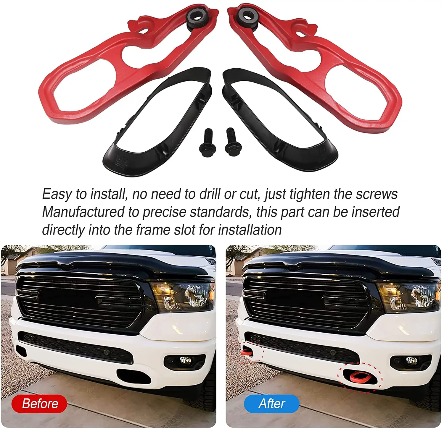 Front Bumper Tow Hitch Hook Left Right with Bezel Guard for Dodge Ram 1500  2019 2020 2021 2022