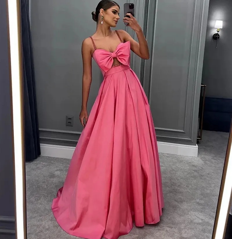

Женское вечернее платье с бантом, розовое ТРАПЕЦИЕВИДНОЕ ПЛАТЬЕ на бретелях-спагетти в стиле Саудовской Аравии, модель 2024 года