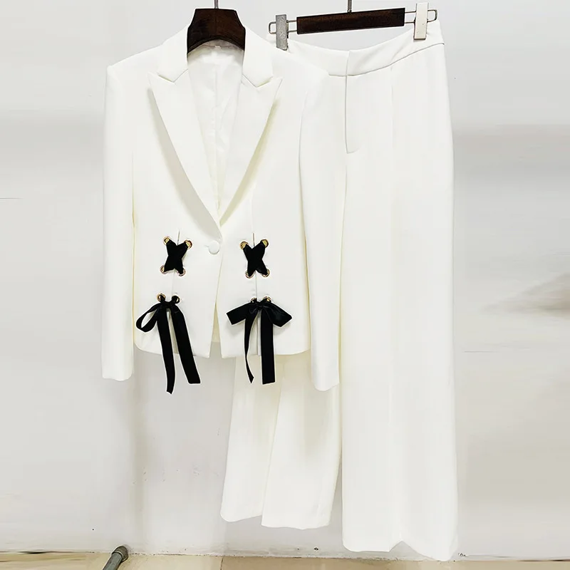 2024 early spring series new European and American star fashion ribbon tie suit jacket wide-leg trouser suit