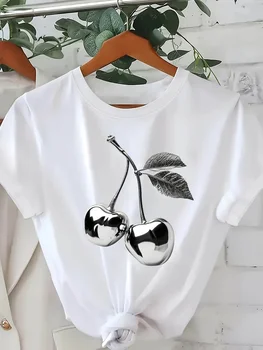 Sleeve T-Shirt - Casual Spring Top with Cartoon Design Casual Wear Modern Silver Cherry Print Women'S Round Neck 1