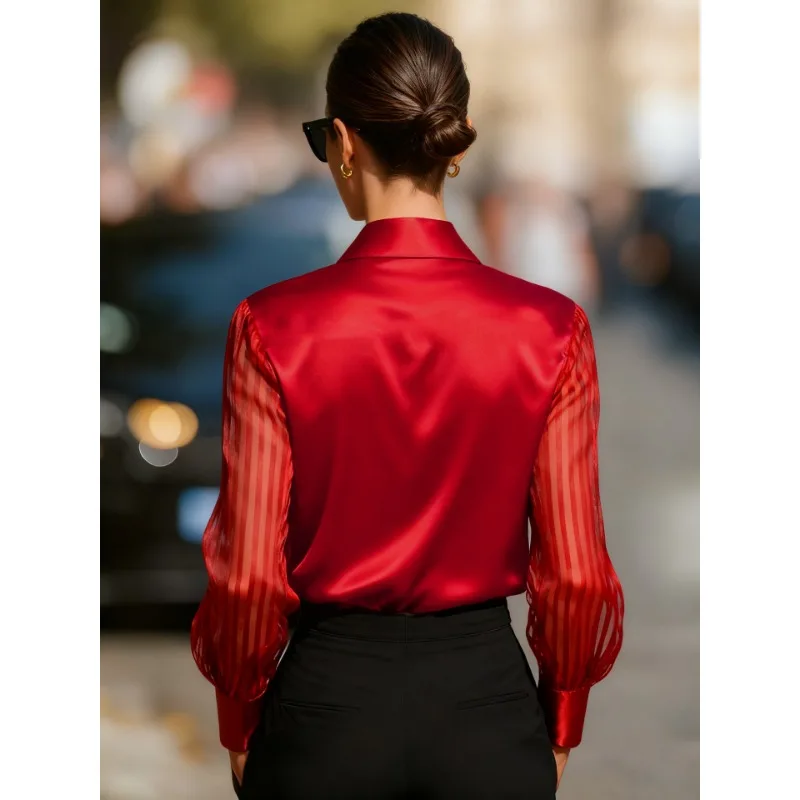 Fashion New Spring and Autumn Turn Down Collar Women's Mesh Long Sleeve Shirt Elegant Cardigan Single-breasted Satin Blouse