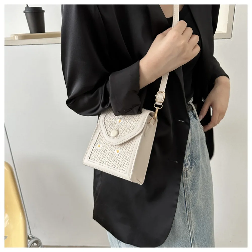 

Straw Straw Plaited Phone Bag New Dacron Little Daisy Embroidery Bag Shoulder Crossbody Bag