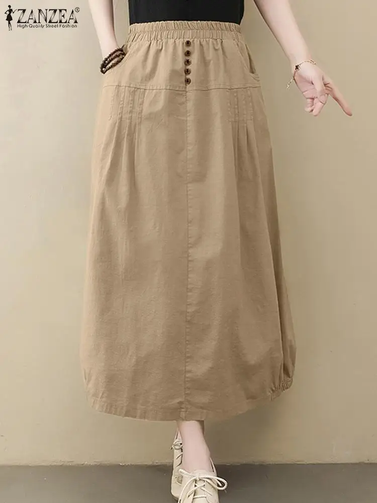 

2023 ZANZEA Autumn Women Elastic Waist Solid Midi Skirt Summer Vintage Skirts Party Long Jupe Female Loose Faldas Saia Oversize