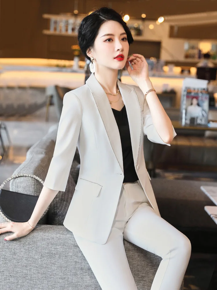 

High Quality Elegant Women Pants Blazer 2 Piece Set 2023 Summer Korean Style Slim Female Office Jacket Suit Casual Ninth Pants