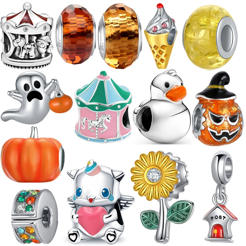 

New Yellow Orange Color Pumpkin Sunflower Pendant Fit Original Pandora Charms Silver Color Bracelet DIY Women Jewelry Wholesale