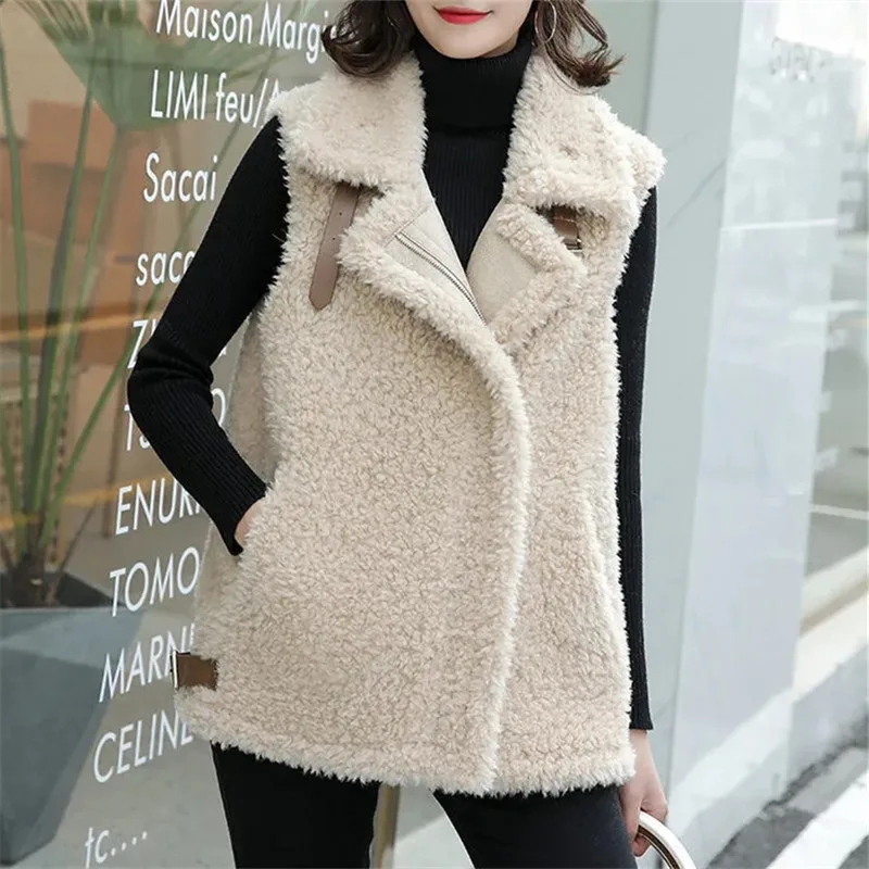 

Women's Warm Vest Spring Autumn New Season Splicing Lapel Pocket Zipper Loose Jacket Simple Fashion Commuter Female Clothing 613