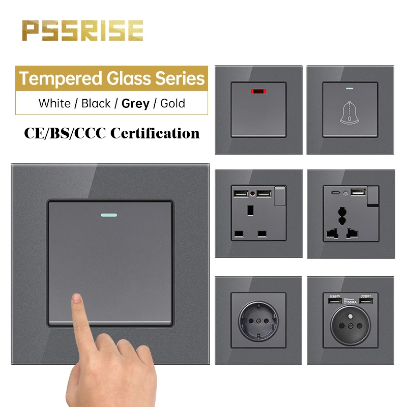 Pssrise 86 Francês ru ue uk Tomada de Interruptor de Parede com dc 5v 2.1a Usb Tipo-c Carregador de Vidro Temperado Painel de Luz Interruptor de Alimentação