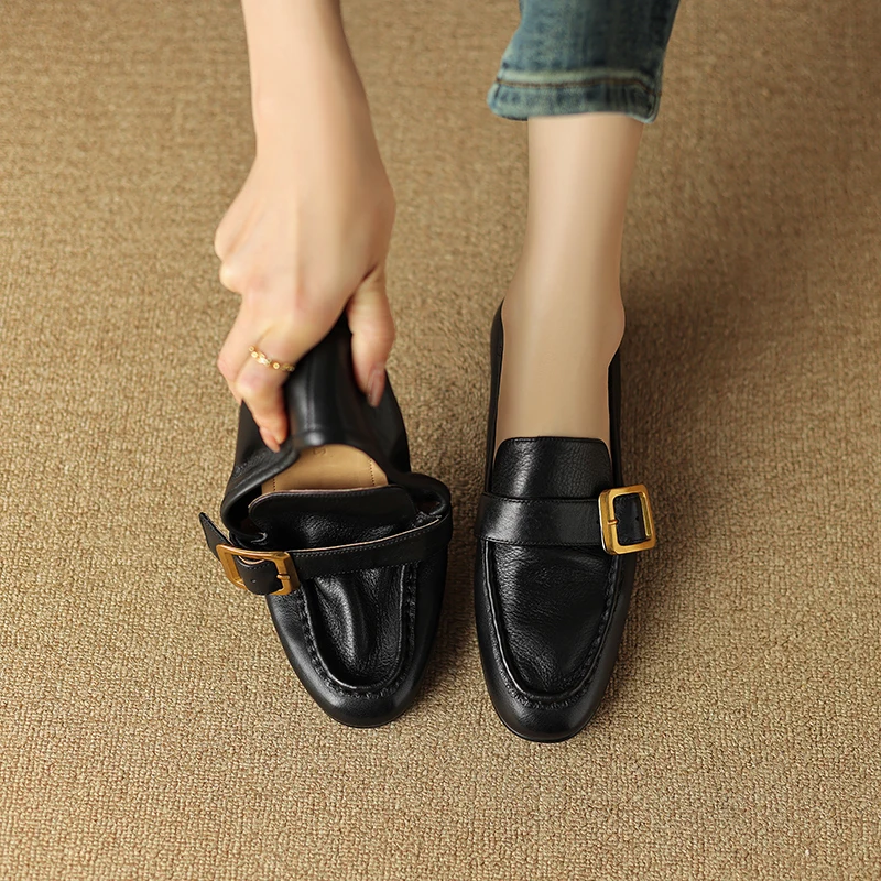 

Women Flats Casual Loafers Cow Leather Round Toe Spring Autumn Loafers Women Shoes Woman Simple Shoes With Buckle With Low Heel