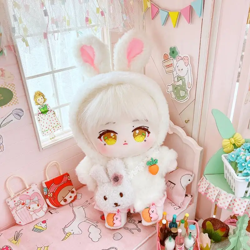 20cm Cute White Carrot Bunny Fluffy Coat Suit Doll Clothes DIY Kawaii Stuffed Soft Idol Cotton Plush Doll for Girls Kids Gifts