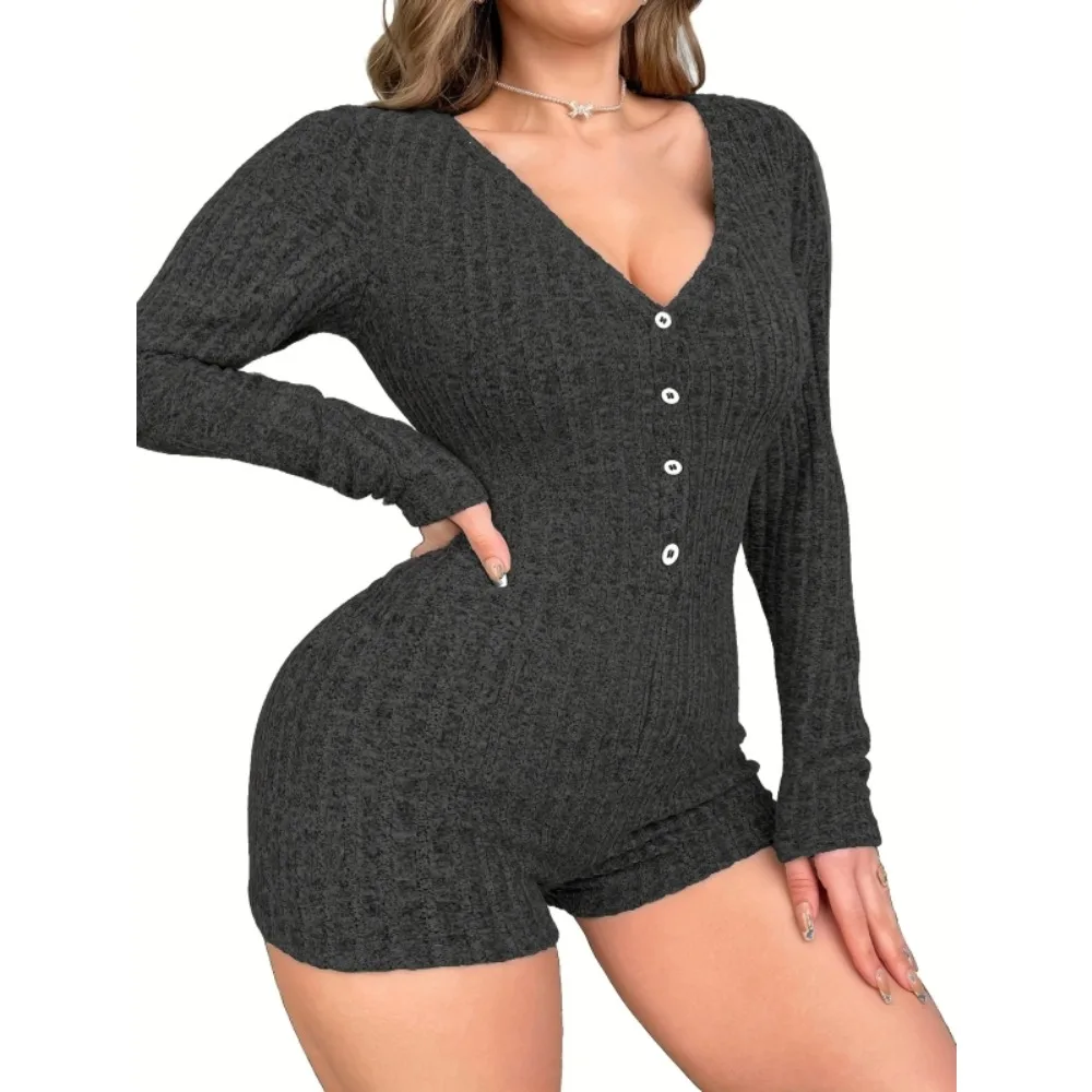 Plus Size 1XL-5XL Women's New Casual Long Sleeve Pajamas Sexy Jumpsuit Loungewear