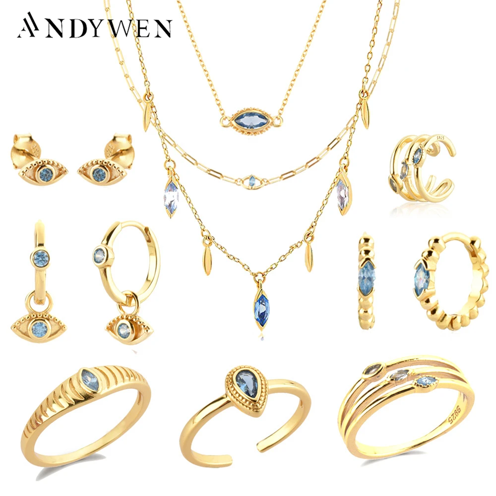 

ANDYWEN 925 Sterling Silver Blue Zircon CZ Piercing Cuff Stud Earring Drop Pendiente Bracelet Ring Necklace Choker Jewelry Set