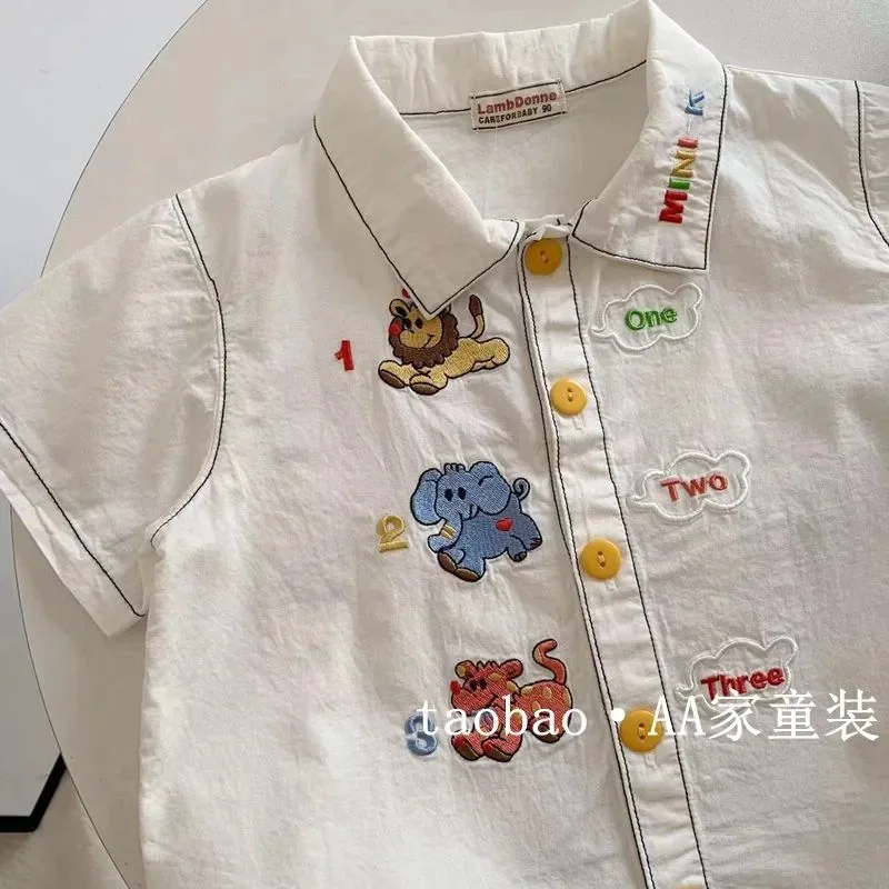 Kids Boys Shirts Korean Summer Cotton Cartoon Embroidery Short Sleeve 1-6Y