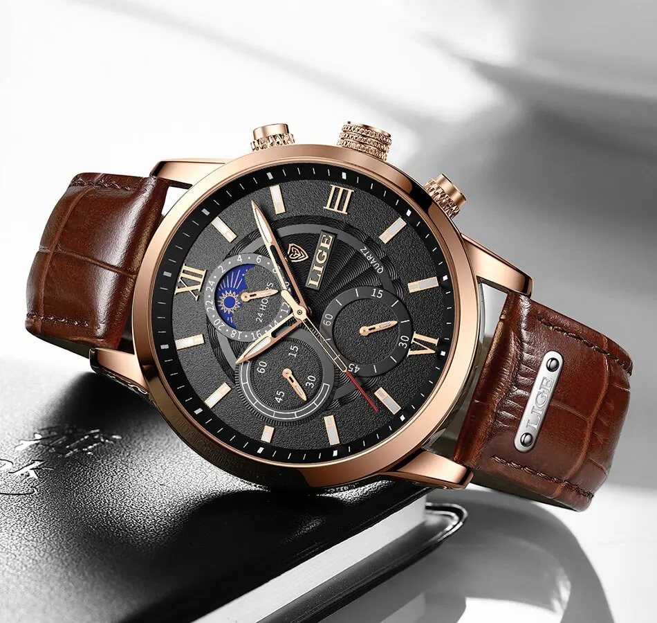 Lige Luxury Brown Leather Casual Quartz Wristwatch for Men | Diversi