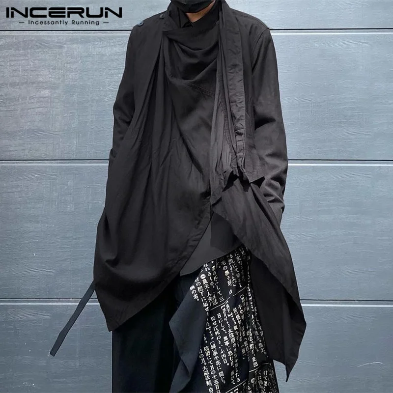 INCERUN 2023 남성 트렌치 솔리드 컬러 터틀넥 긴 소매 streetwear 불규칙한 망토 폰초 남성 펑크 패션 캐주얼 코트 S-5XL