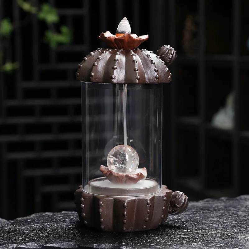LED Backflow Incense Burner Cactus Pruple Clay Waterfall Incense