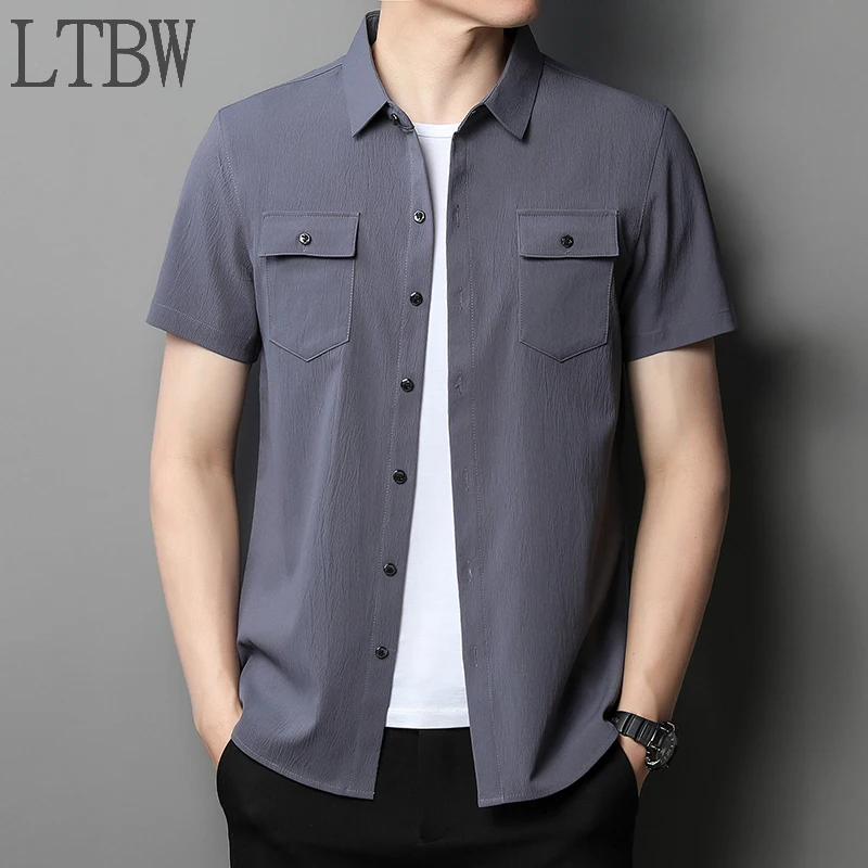 Men's Breathable Slim Top Short Sleeve Pockets Shirts For Men Casual Solid Color Clothes Male Work T-shirts For Summer