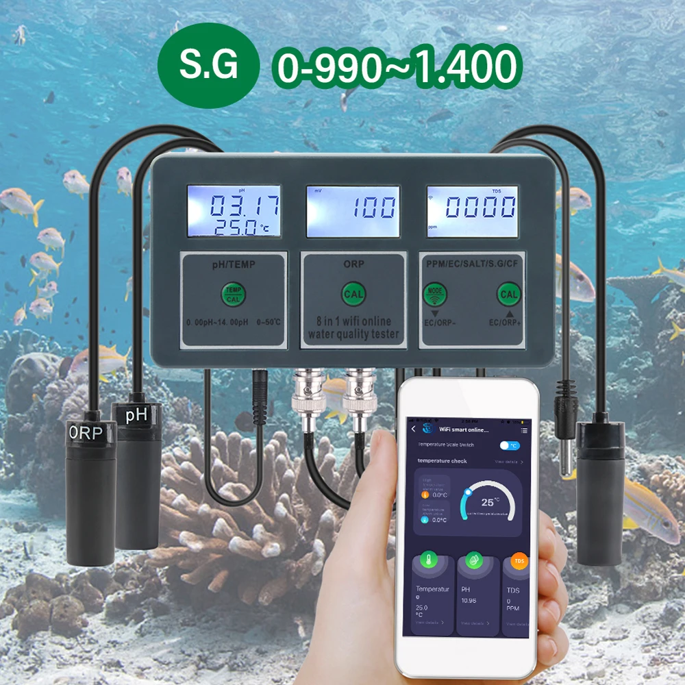 WiFi Fish Tank Water Quality Tester Water Quality Testing Machine Monitor Analyzer for Aquariums Pool Hydroponics