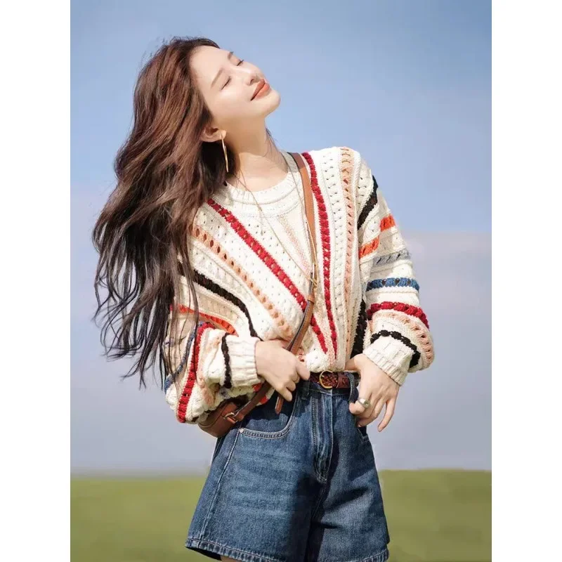 New Women's Striped Crew Neck Cardigan Lantern Sleeve Sweater Contrast Color Fashion Casual Women's Knitwear Autumn Winter Top