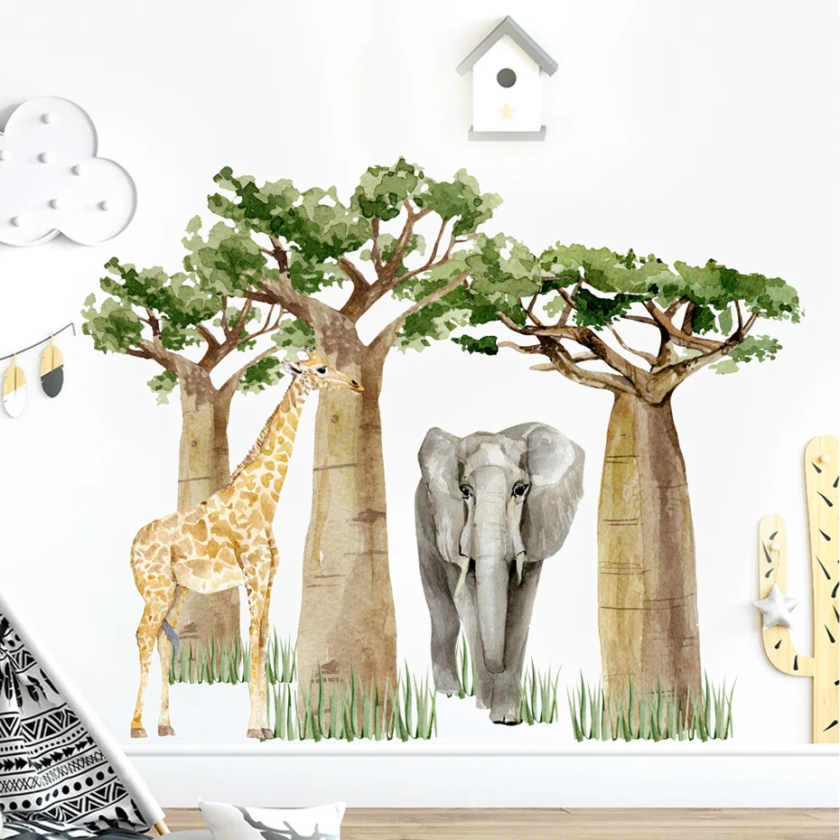 

Large Tropical Forest Elephant Giraffe Animal Sticker Watercolor Vinyl Baby Nursery Room Wall Decals for Kids Room Decorative