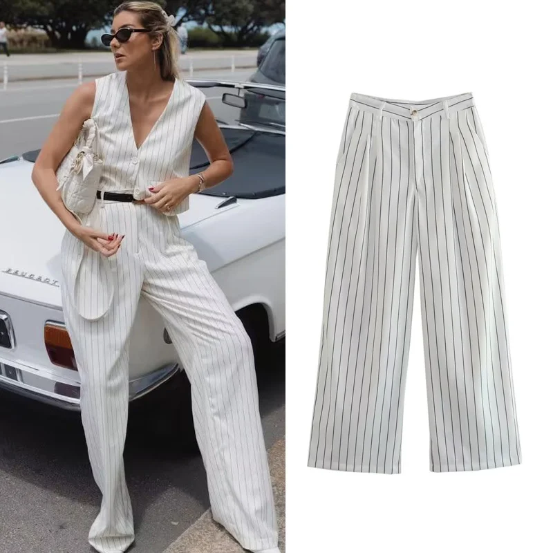 

Fashion 2023 Women's Pant Female Striped High Waist Wide Pants Trousers Ladies Chic Elegant Casual Loose Baggy Pant New In