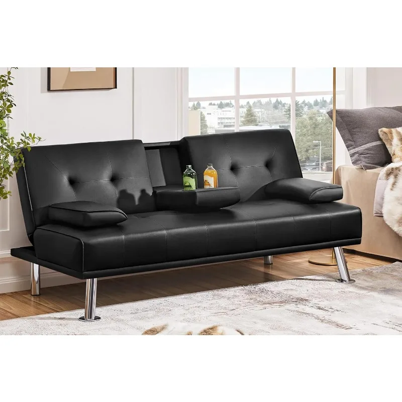 Modern Sofa Bed Faux Leather Sofa Convertible Folding Futon Couch with Armrest Home Recliner Home Furniture