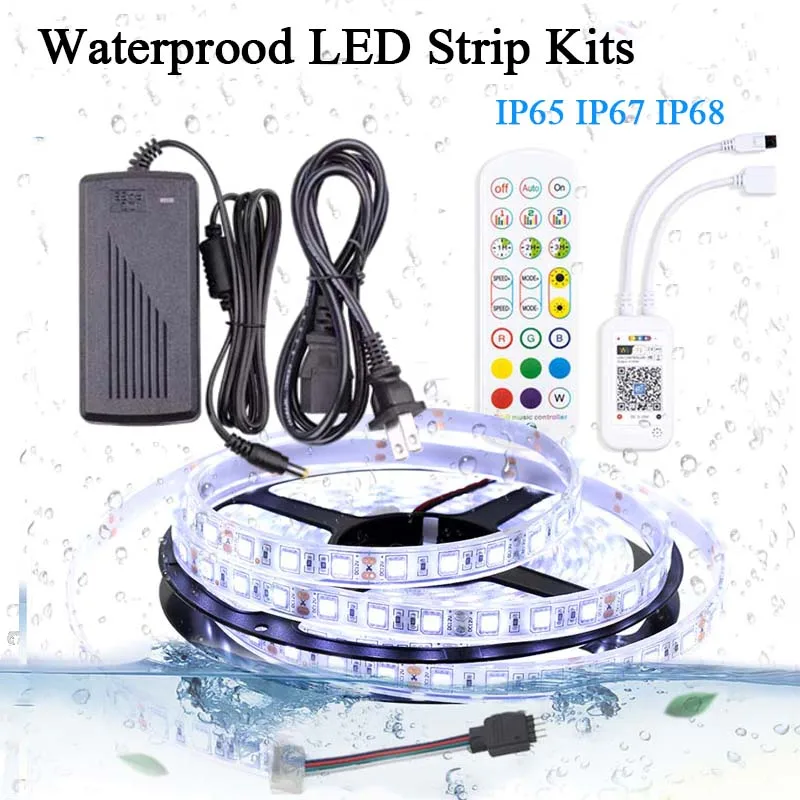 Водонепроницаемая светодиодная лента SMD 5050 RGB, яркие комплекты, 12 В постоянного тока, IP65, IP67, IP68, ламповая лента с 24-кнопочным Wi-Fi контроллером для садового аквариума