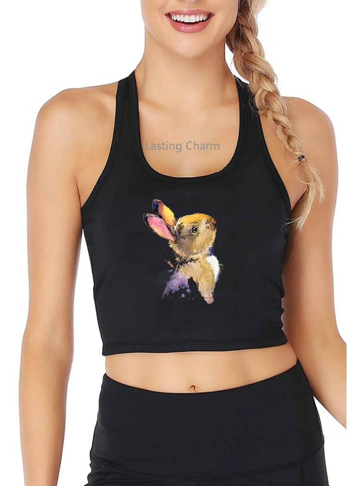 

Cute Rabbit Print Tank Top Women's Yoga Sports Workout Crop Top Gym Tops