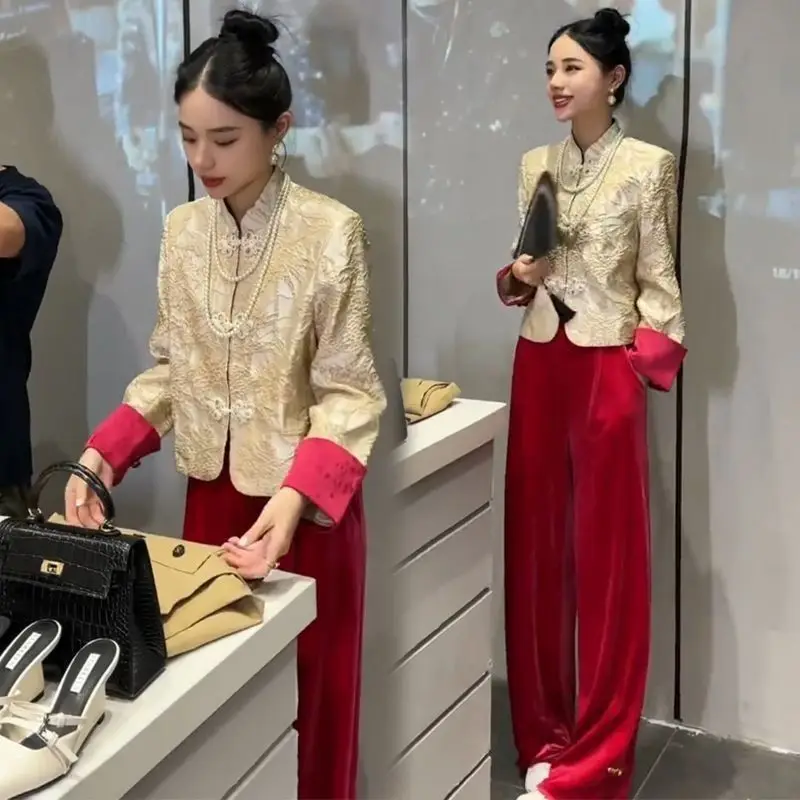 New Chinese National Style Tang Suit Jacket Stand Collar Retro Buckle Coat Red Slim Straight Pants Fashion 2-piece suit
