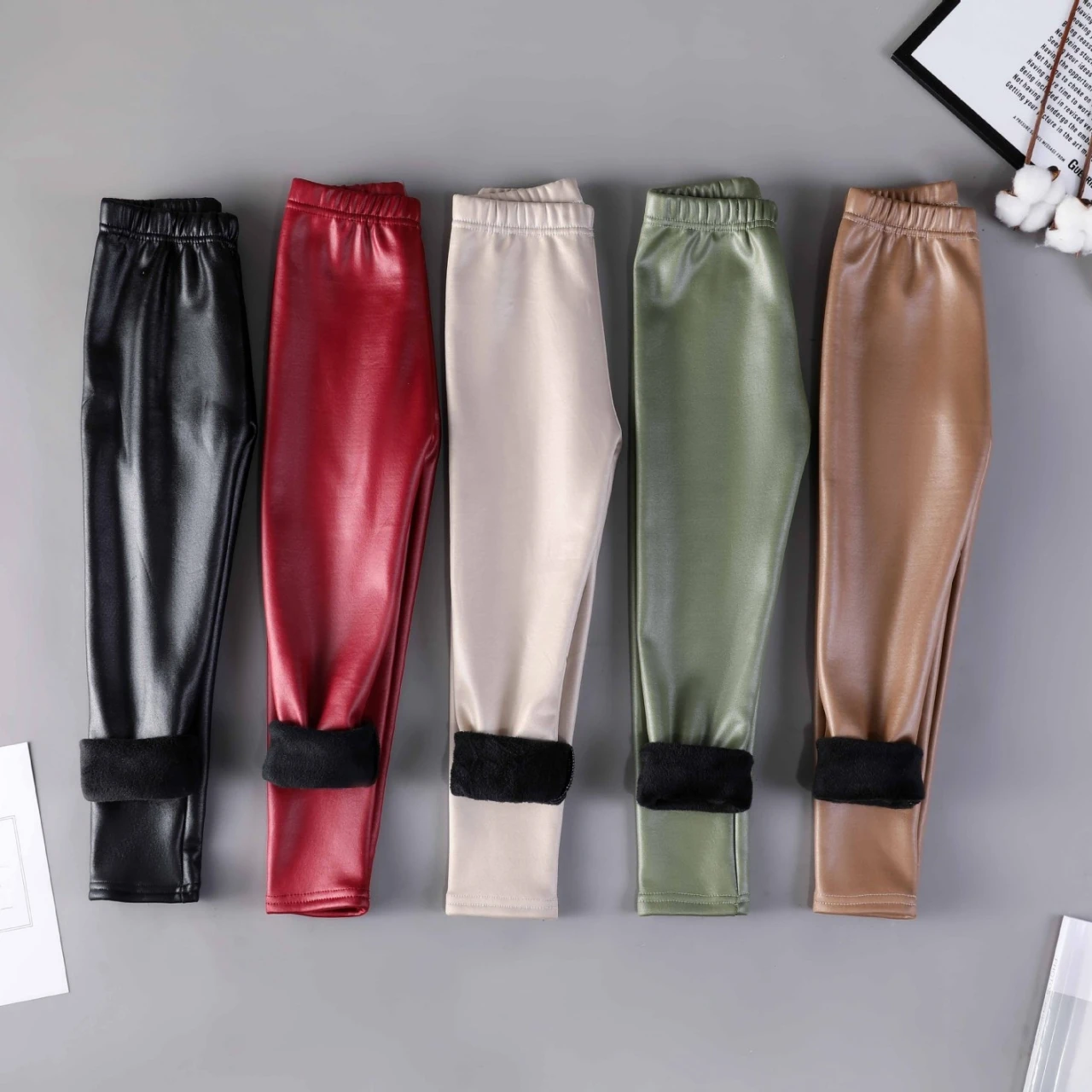 Cozy Winter Faux Leather Kids' Candy Color Leggings