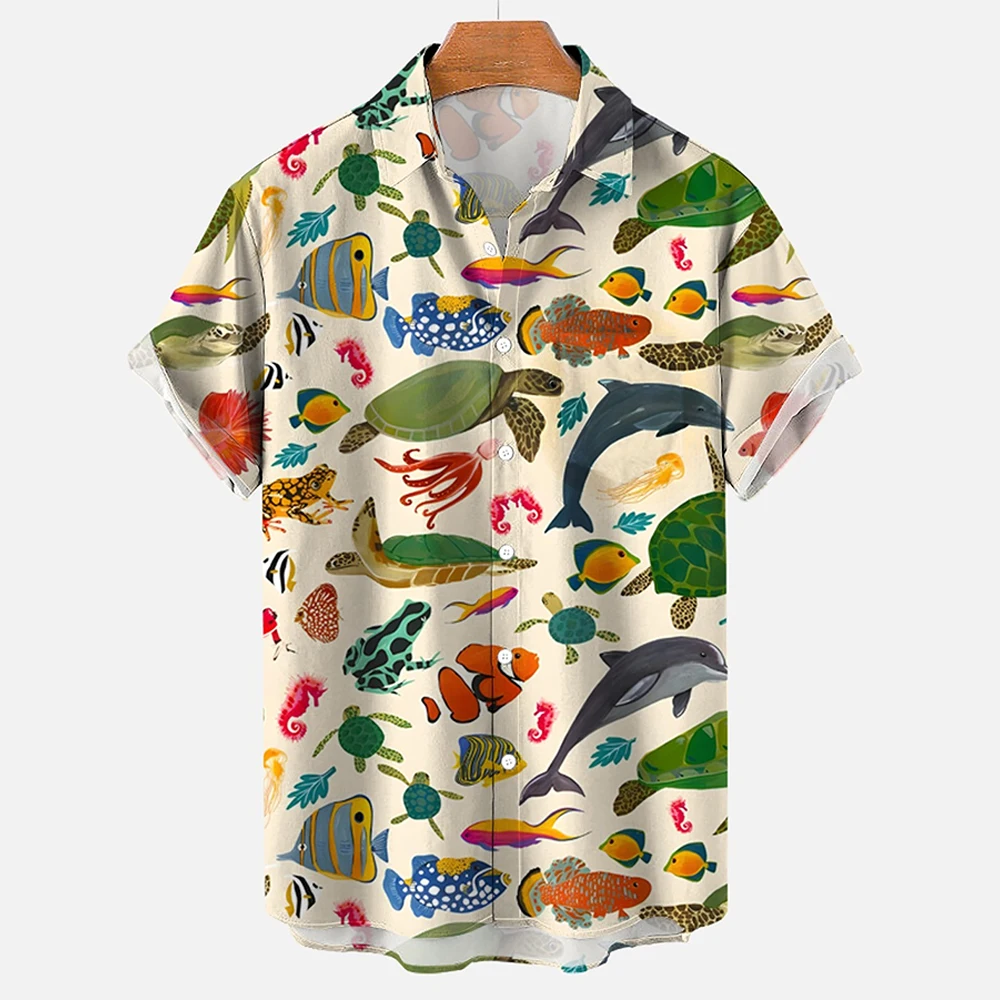 Camisa Havaiana Masculina HUGLAZY - Estampa Tartarugas Marinhas E Conchas